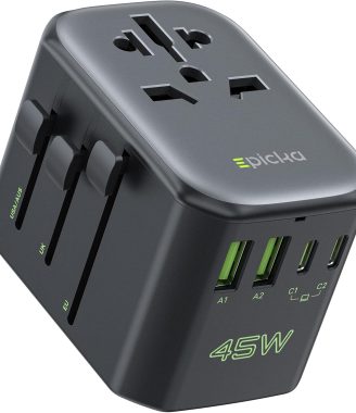 EPICKA Pulse 45W European Travel Plug Adapter, Universal Power Adapter with PD Fast Charging, 5-Port (1 AC/2 USB-A/2 USB-C) International Charger Adapter for Europe, Japan - Travel Essentials (Black)