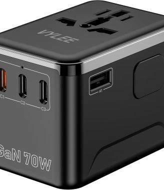 European Travel Plug Adapter, 70W Universal Power Adapter with PD Fast Charging, 5-Port (1 AC/1 USB-A/3 USB-C) International Charger Adapter for USA Europe, Japan - Travel Essentials (Black)