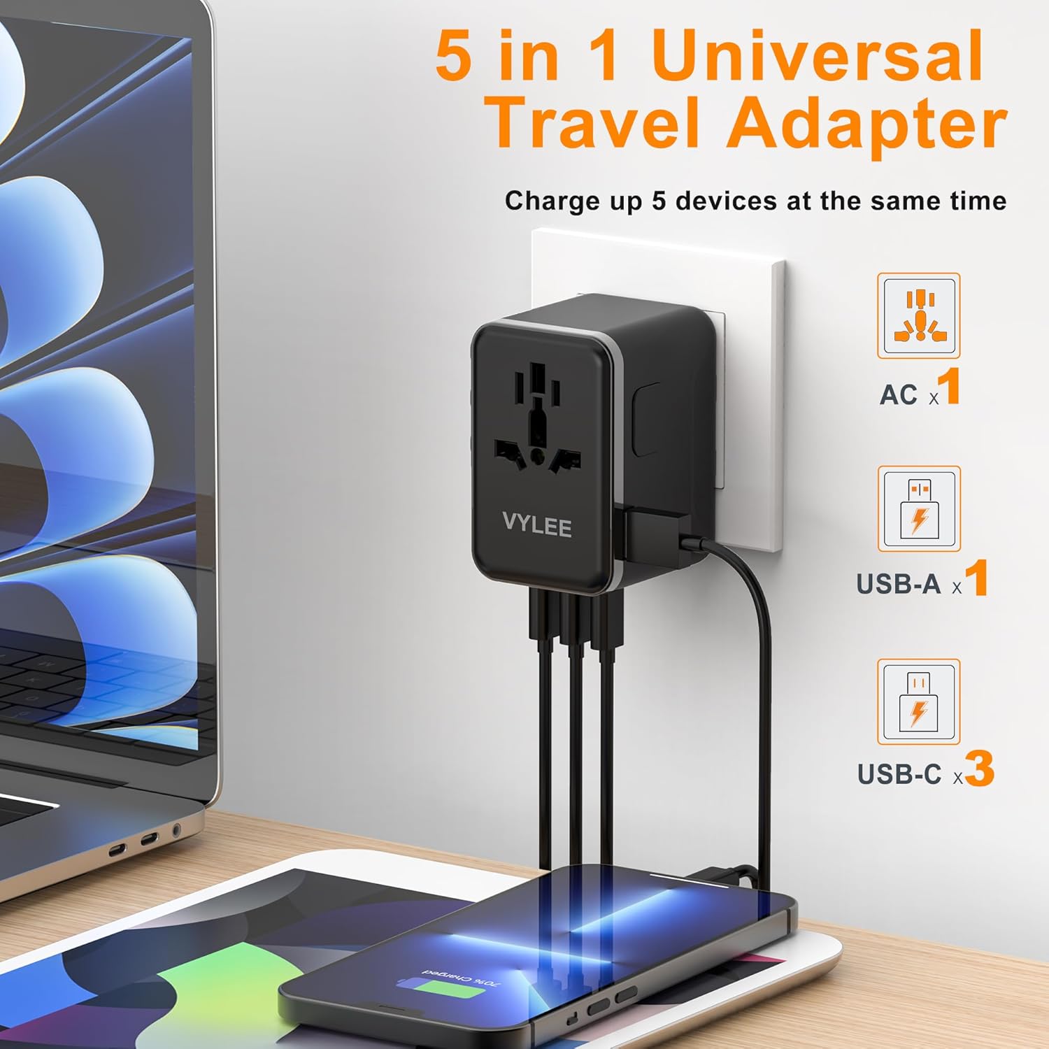 European Travel Plug Adapter, 70W Universal Power Adapter with PD Fast Charging, 5-Port (1 AC/1 USB-A/3 USB-C) International Charger Adapter for USA Europe, Japan - Travel Essentials (Black) - Image 2