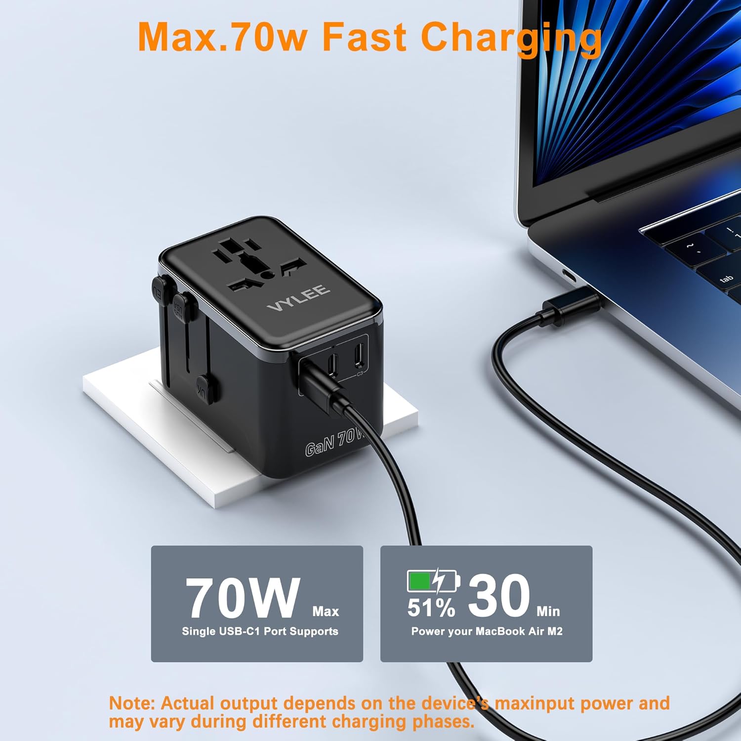 European Travel Plug Adapter, 70W Universal Power Adapter with PD Fast Charging, 5-Port (1 AC/1 USB-A/3 USB-C) International Charger Adapter for USA Europe, Japan - Travel Essentials (Black) - Image 3