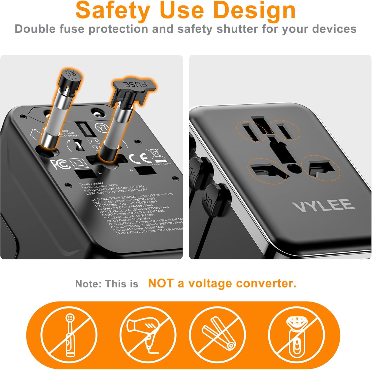 European Travel Plug Adapter, 70W Universal Power Adapter with PD Fast Charging, 5-Port (1 AC/1 USB-A/3 USB-C) International Charger Adapter for USA Europe, Japan - Travel Essentials (Black) - Image 6