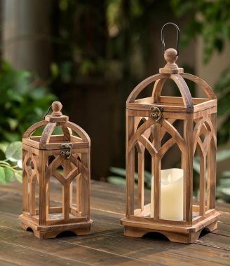 Farmhouse Lanterns Decorative Indoor: 11" & 15" Set of 2 Brown Wooden Candle Holder Lanterns for Table Centerpiece Fireplace Mantle Home Decor