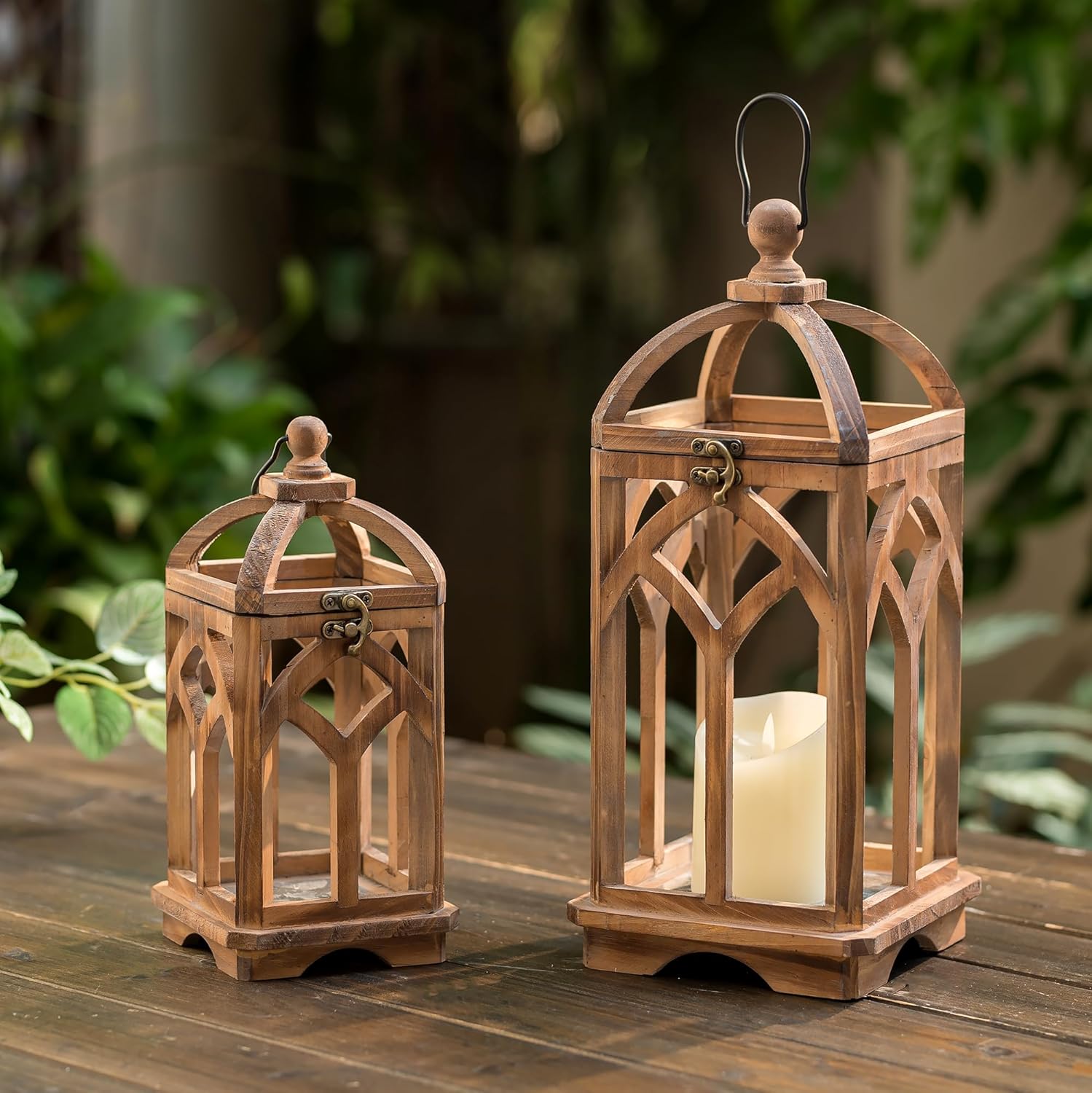 Farmhouse Lanterns Decorative Indoor: 11" & 15" Set of 2 Brown Wooden Candle Holder Lanterns for Table Centerpiece Fireplace Mantle Home Decor