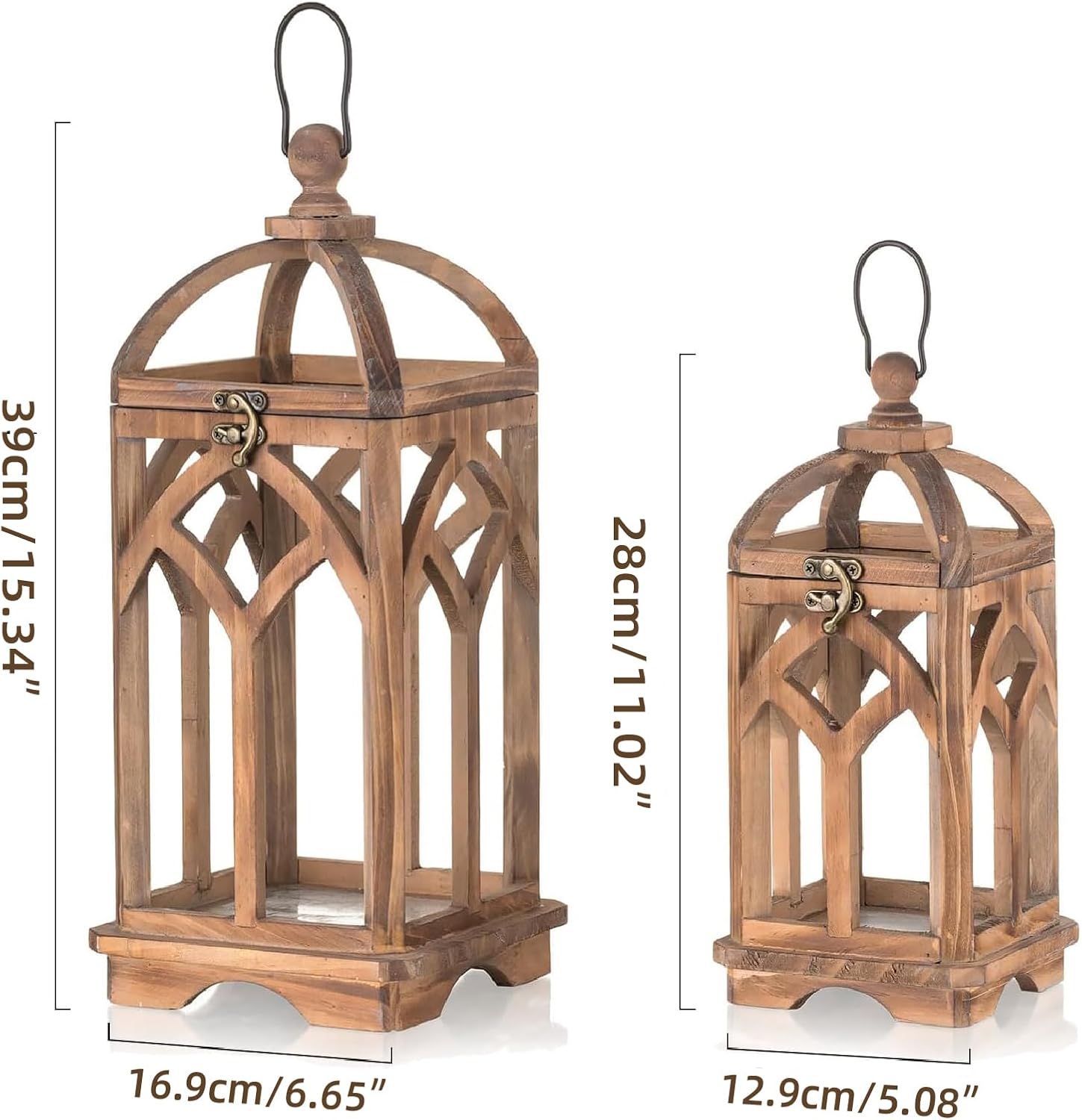 Farmhouse Lanterns Decorative Indoor: 11" & 15" Set of 2 Brown Wooden Candle Holder Lanterns for Table Centerpiece Fireplace Mantle Home Decor - Image 2