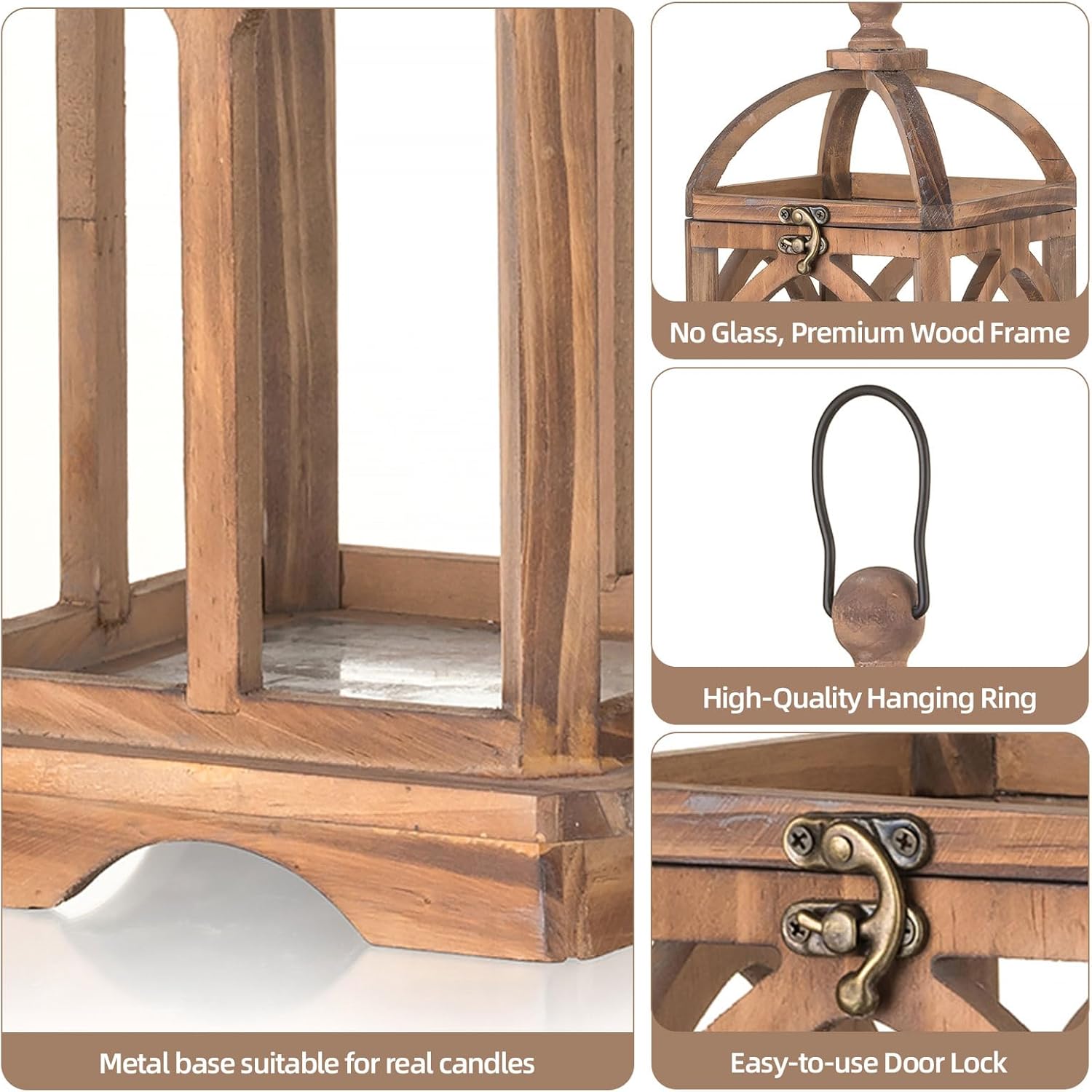 Farmhouse Lanterns Decorative Indoor: 11" & 15" Set of 2 Brown Wooden Candle Holder Lanterns for Table Centerpiece Fireplace Mantle Home Decor - Image 3