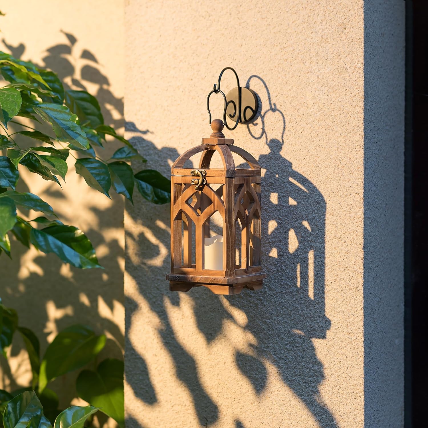 Farmhouse Lanterns Decorative Indoor: 11" & 15" Set of 2 Brown Wooden Candle Holder Lanterns for Table Centerpiece Fireplace Mantle Home Decor - Image 4
