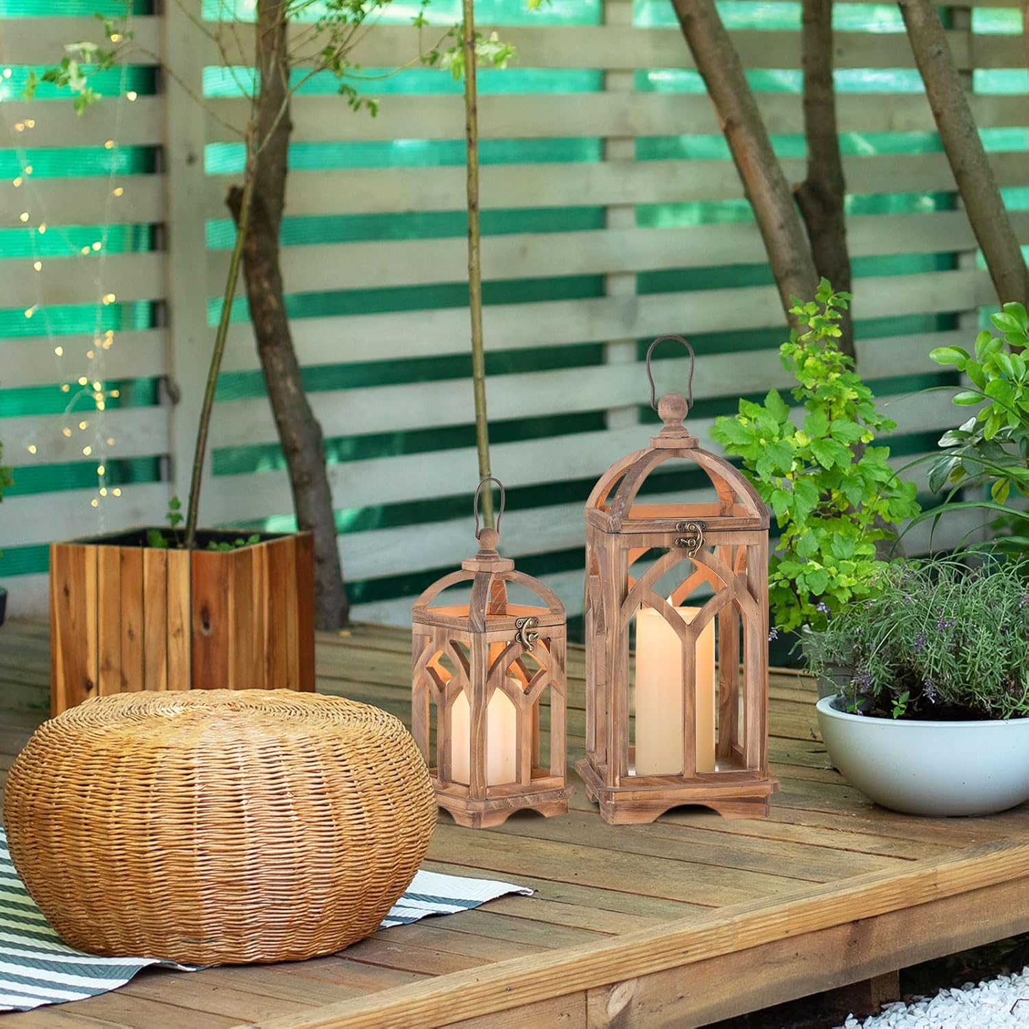 Farmhouse Lanterns Decorative Indoor: 11" & 15" Set of 2 Brown Wooden Candle Holder Lanterns for Table Centerpiece Fireplace Mantle Home Decor - Image 5