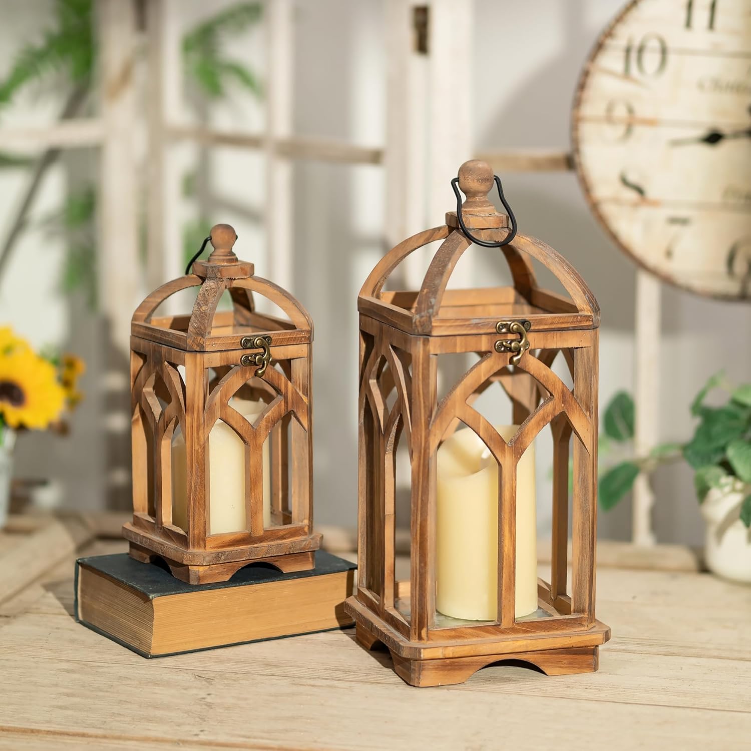 Farmhouse Lanterns Decorative Indoor: 11" & 15" Set of 2 Brown Wooden Candle Holder Lanterns for Table Centerpiece Fireplace Mantle Home Decor - Image 6