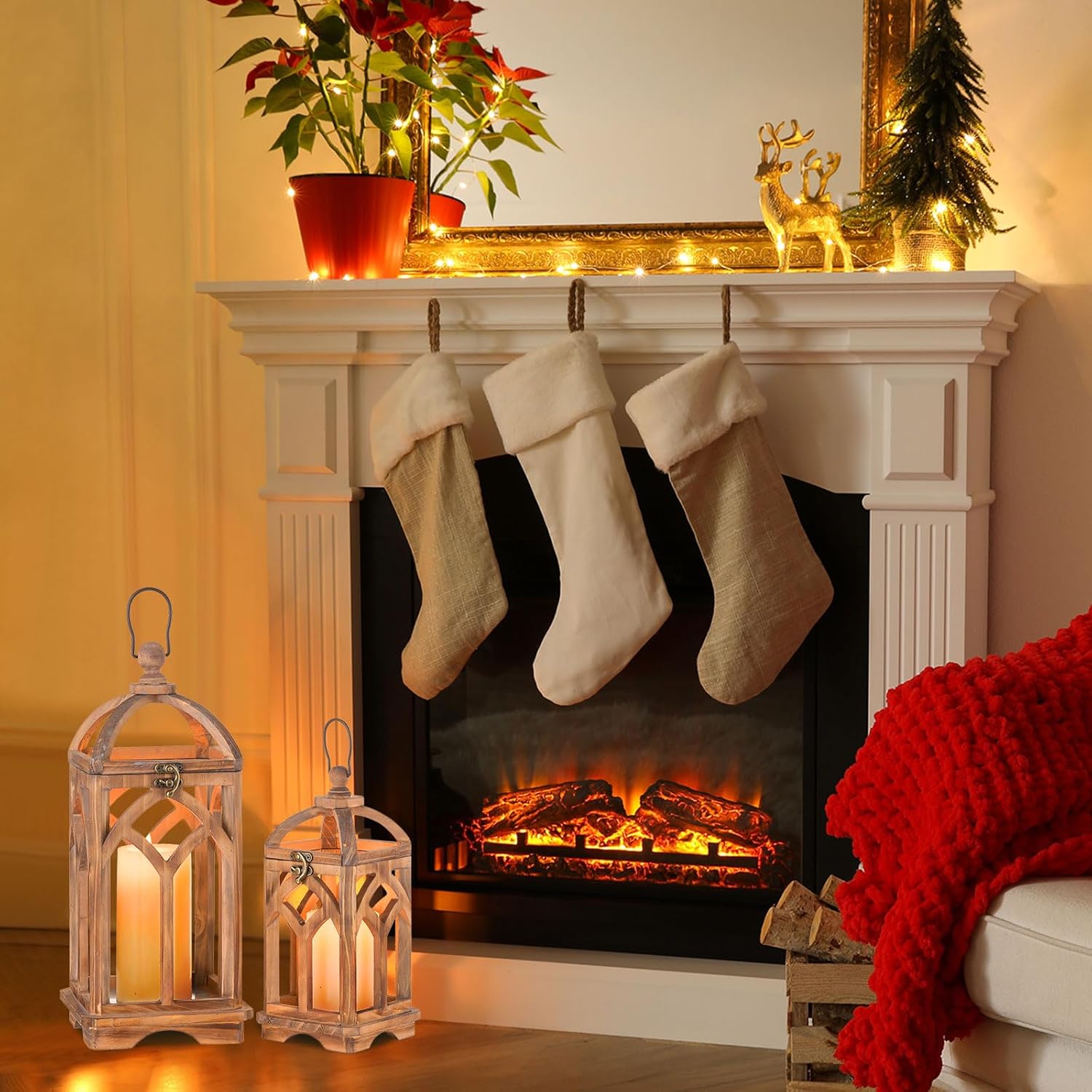 Farmhouse Lanterns Decorative Indoor: 11" & 15" Set of 2 Brown Wooden Candle Holder Lanterns for Table Centerpiece Fireplace Mantle Home Decor - Image 7